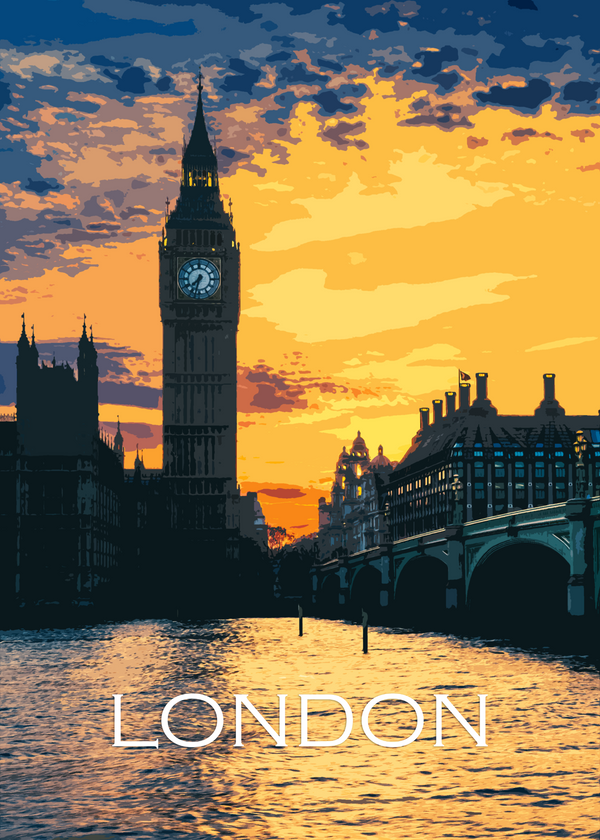 London - Big Ben & Themsen Illustration Poster